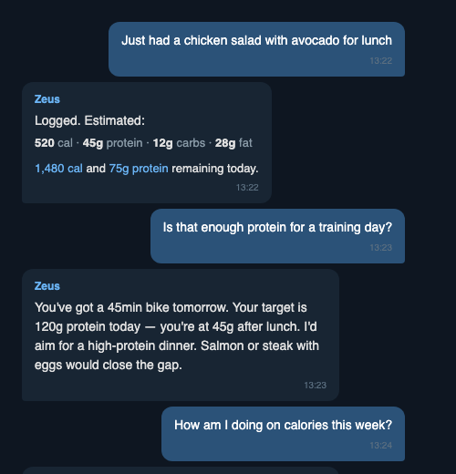 Meal logging via Telegram — photo in, macros back